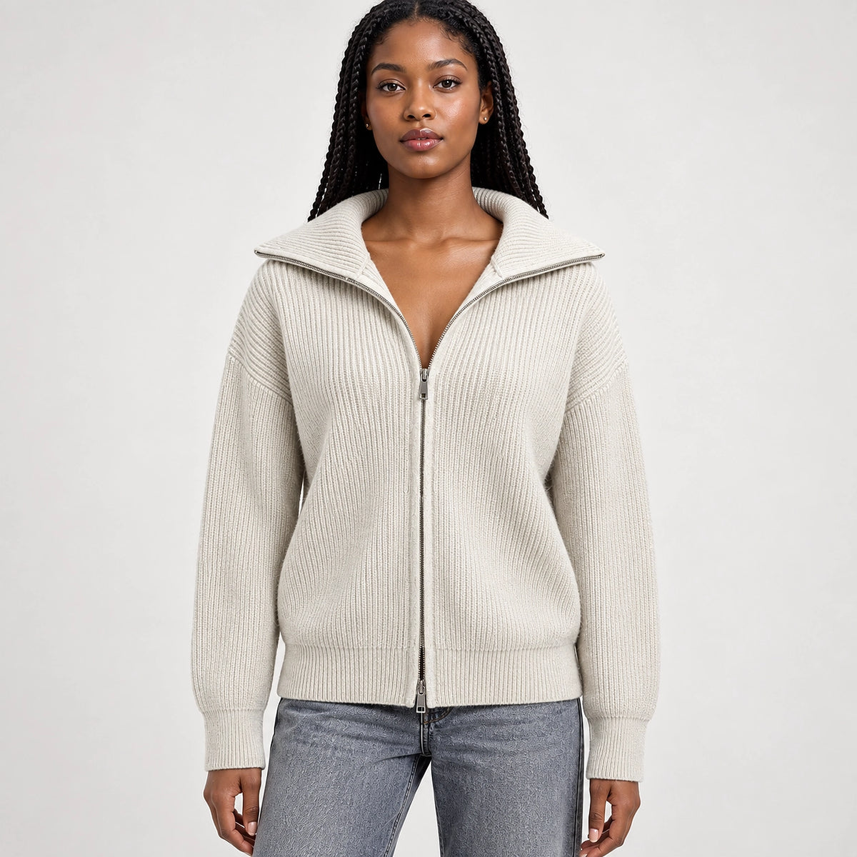 Pelara Ribbed Knit Cardigan — Off-white (apparel front)