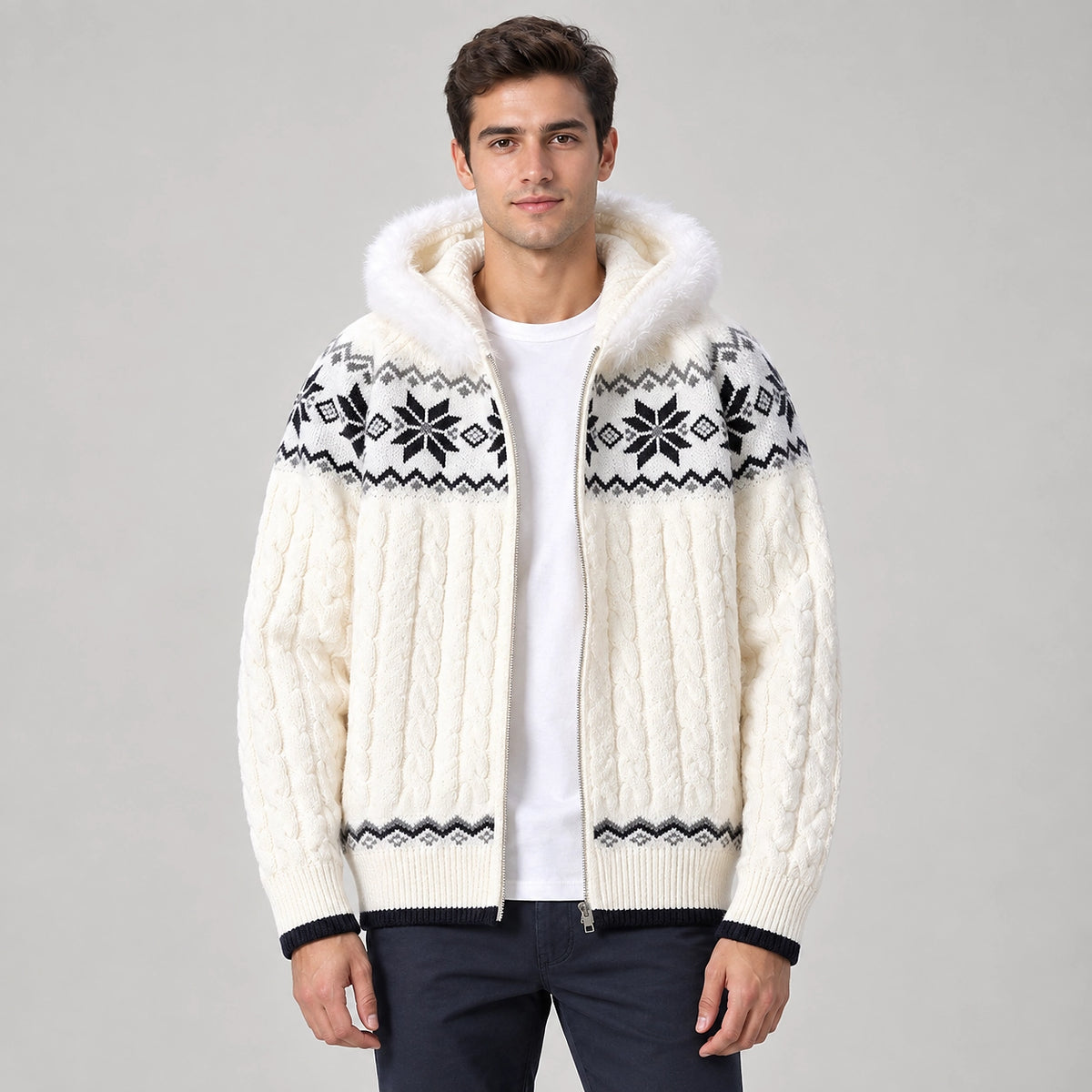 Halvern Cable-Knit Hooded Cardigan — Off-white (apparel front)