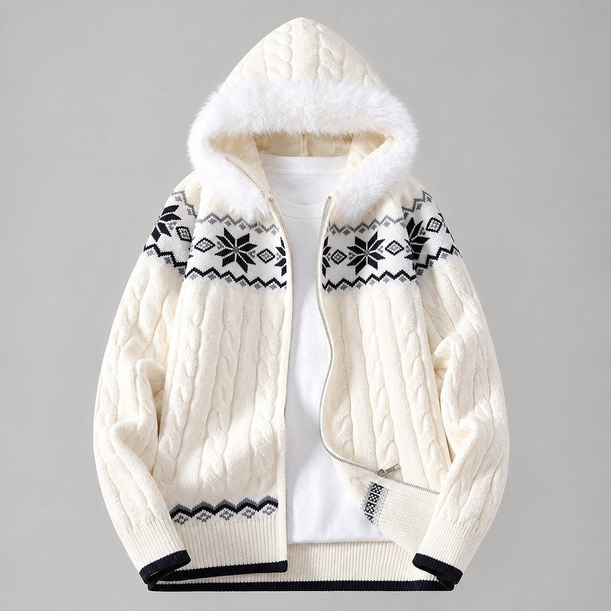 Halvern Cable-Knit Hooded Cardigan — Off-white (apparel solo)