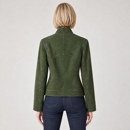 Belvara Sheepskin Leather Jacket — Olive (apparel back)