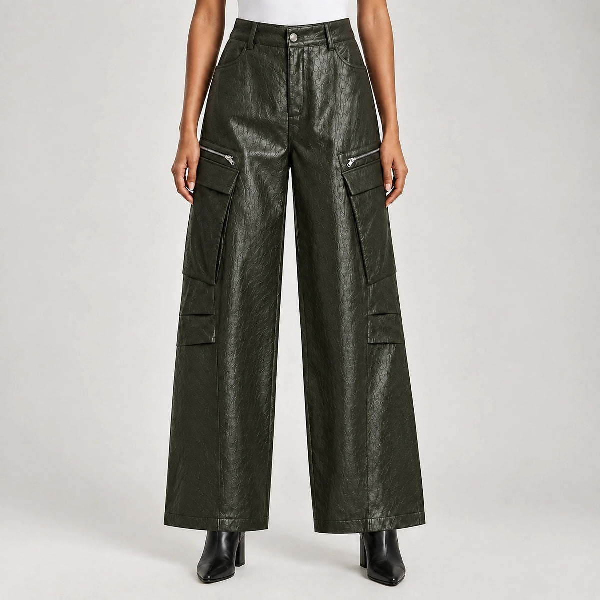 Brevel Leather Cargo Pants — Olive (apparel back)
