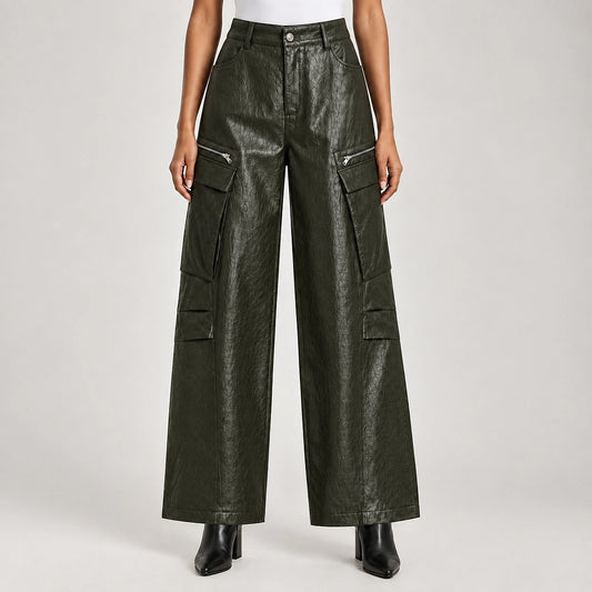Brevel Leather Cargo Pants — Olive (apparel back)