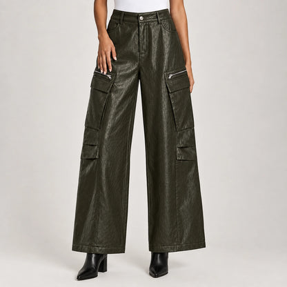 Brevel Leather Cargo Pants — Olive (apparel detail)