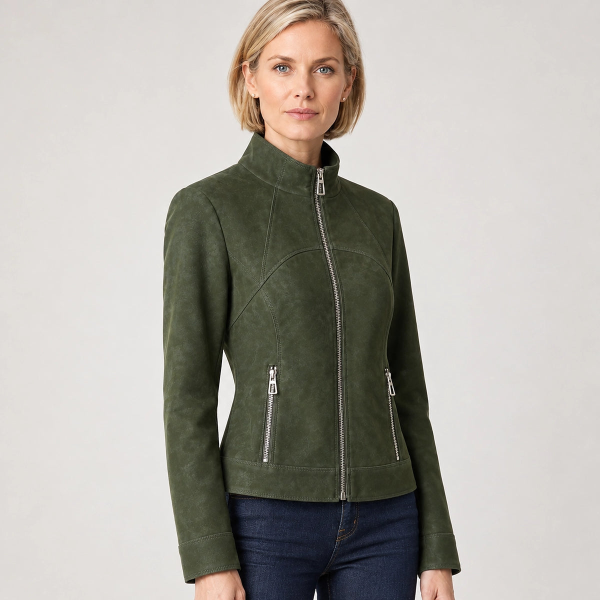 Belvara Sheepskin Leather Jacket — Olive (apparel detail)