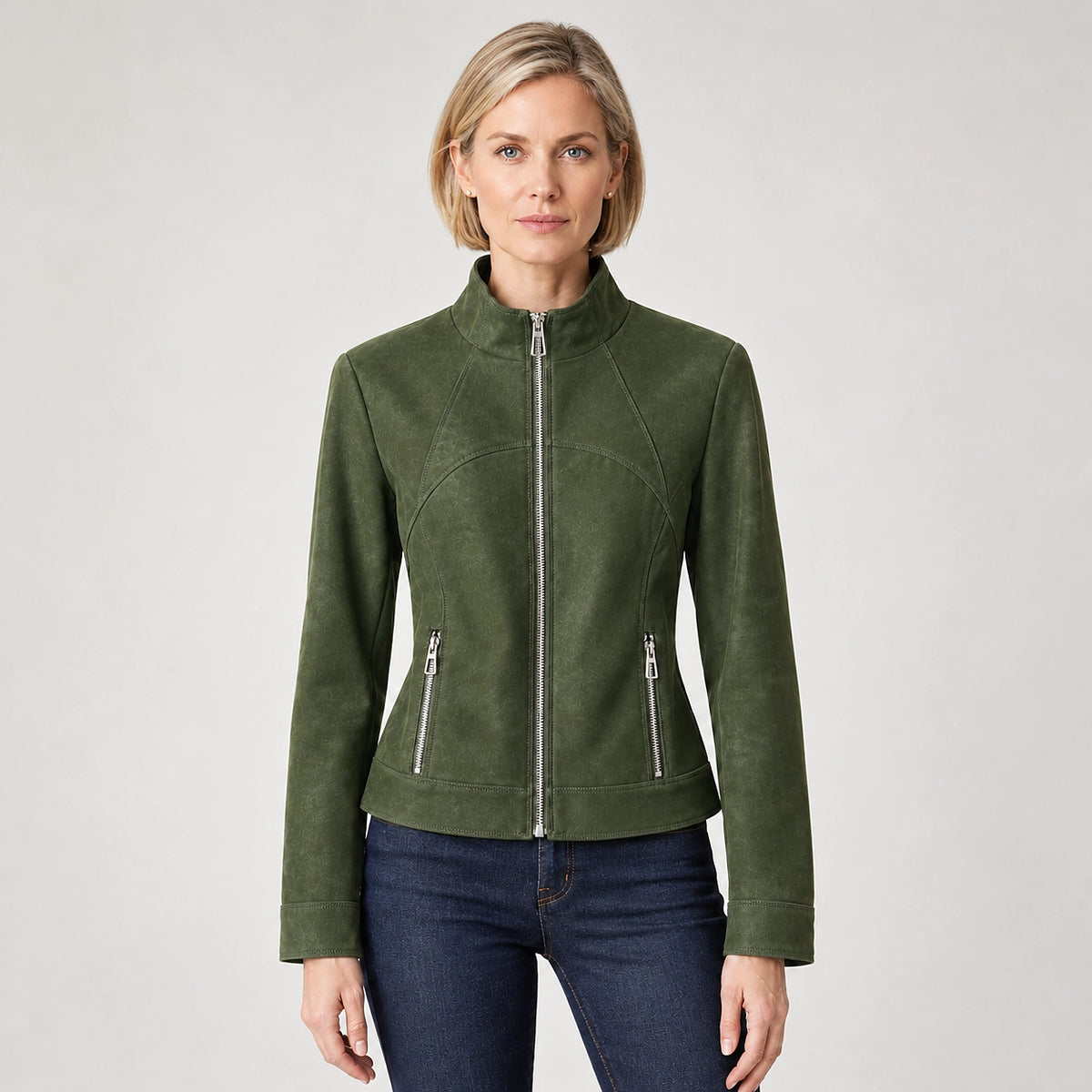 Belvara Sheepskin Leather Jacket — Olive (apparel front)