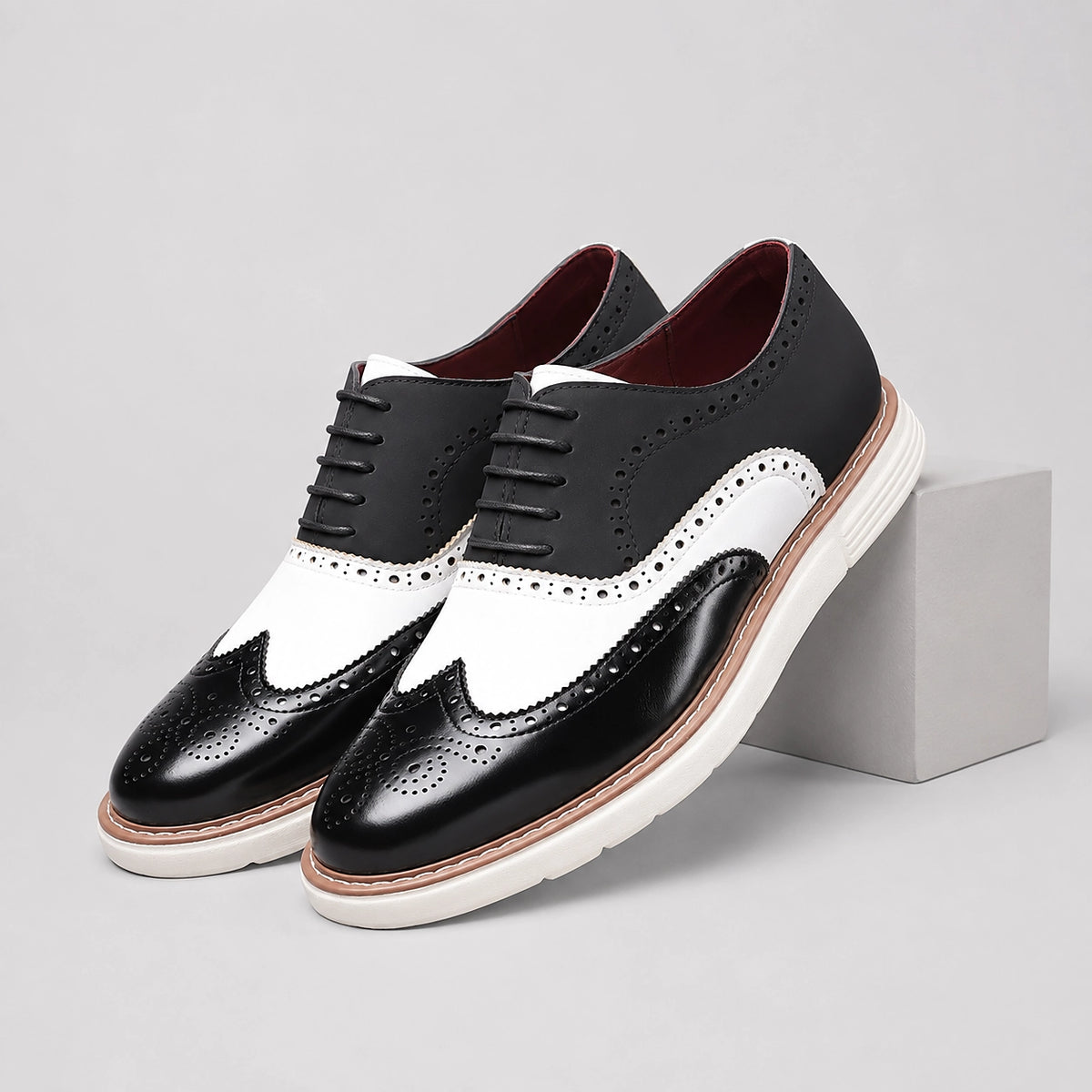 Delvoro Leather Wingtip Oxford — Olive & Black & Cream (mens shoe pedestal)