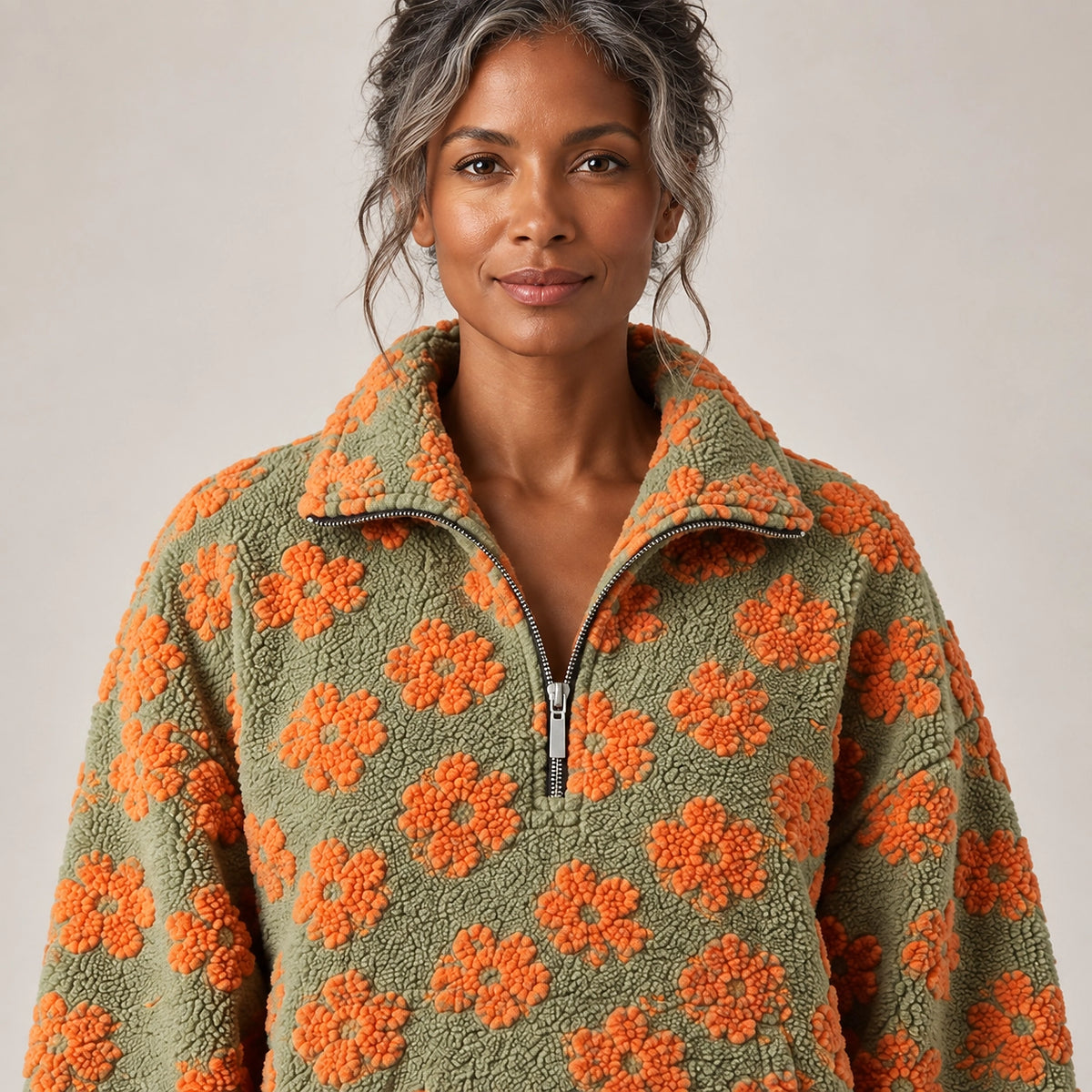 Dulce Floral Fleece Pullover — Olive Floral (apparel detail)