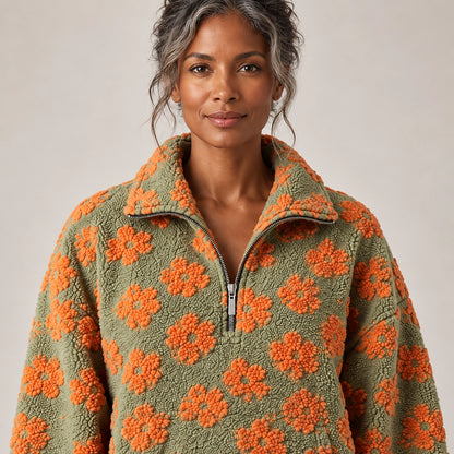 Dulce Floral Fleece Pullover — Olive Floral (apparel detail)