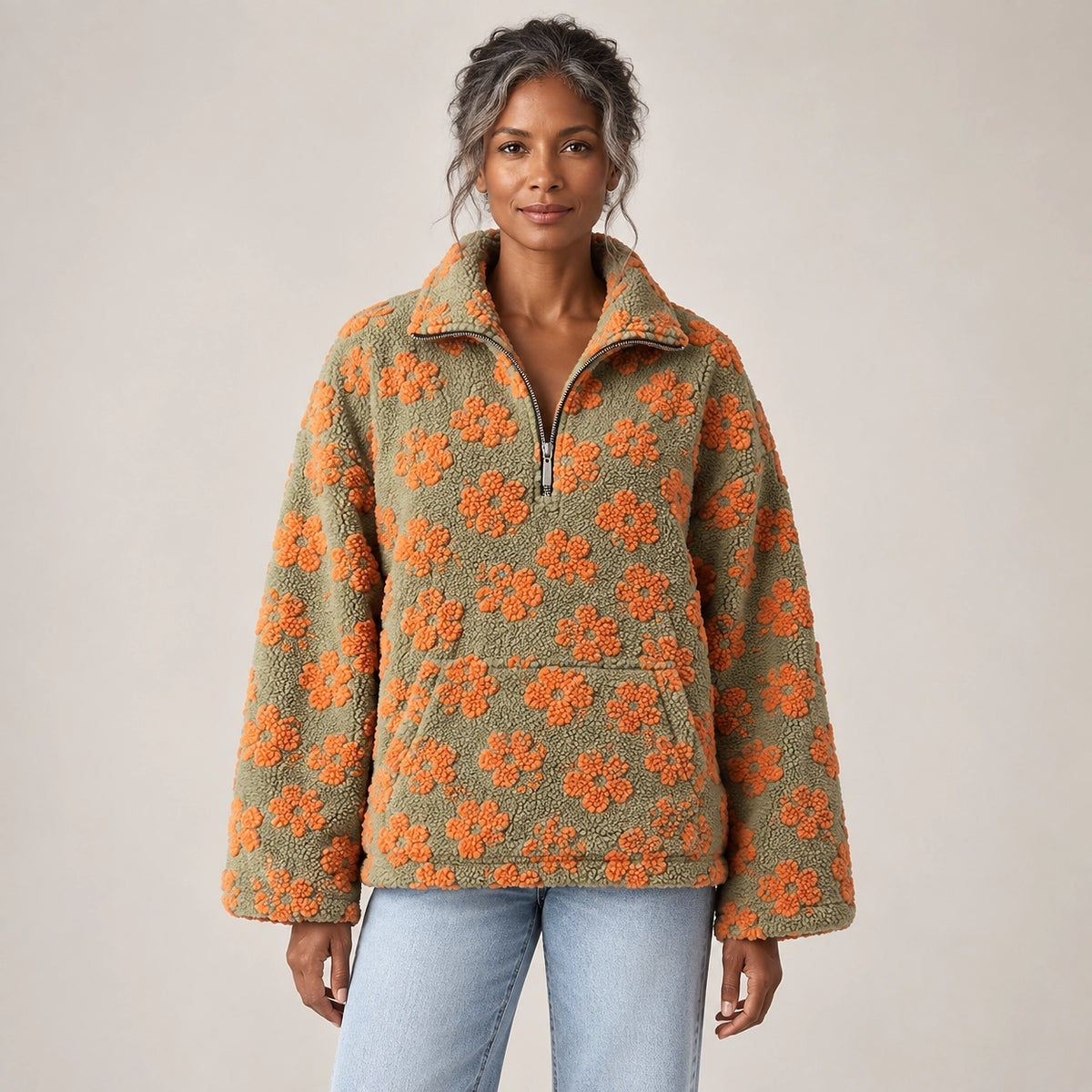 Dulce Floral Fleece Pullover — Olive Floral (apparel front)