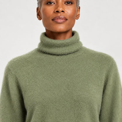 Delwyn Cashmere Turtleneck Sweater — Olive Green (apparel detail)