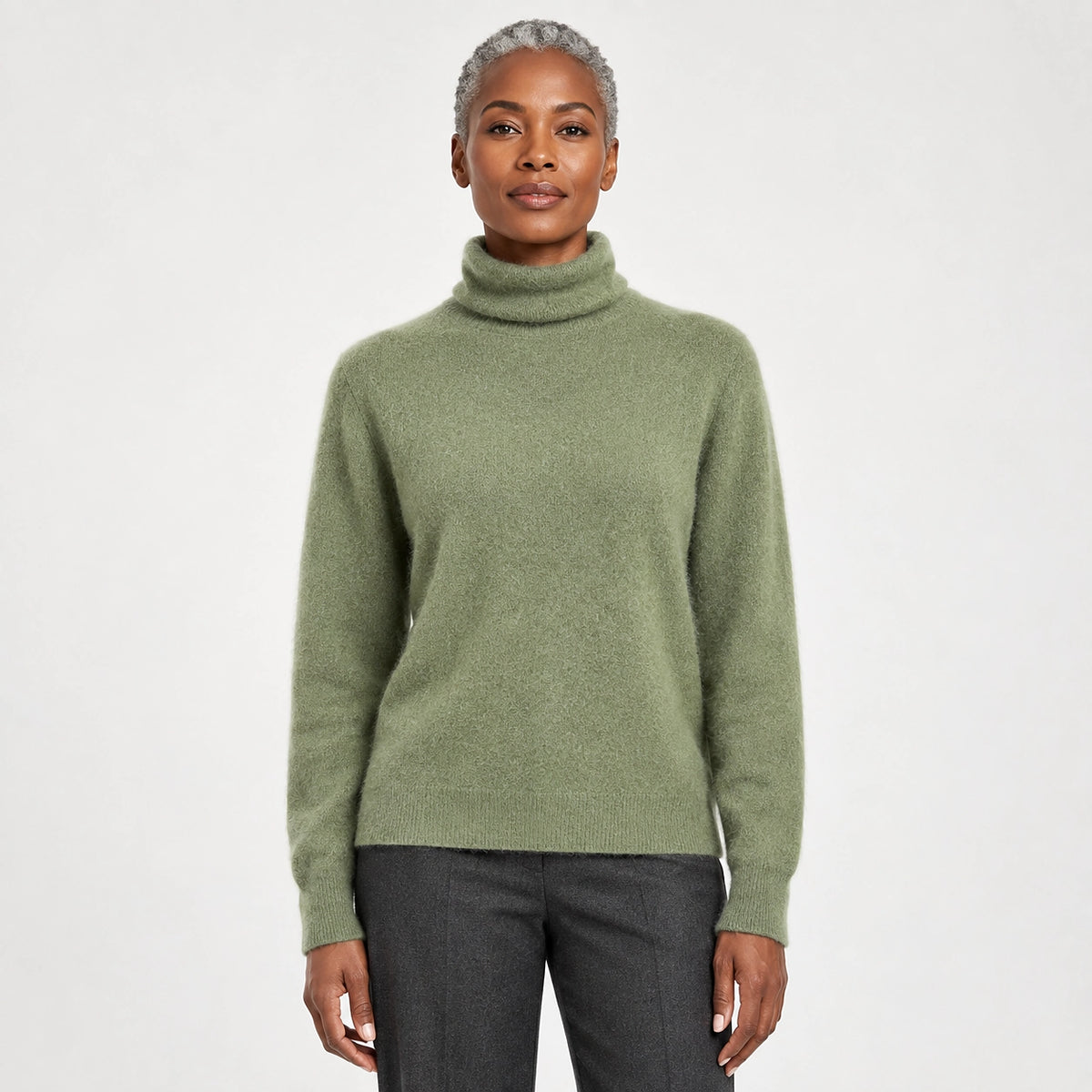 Delwyn Cashmere Turtleneck Sweater — Olive Green (apparel front)