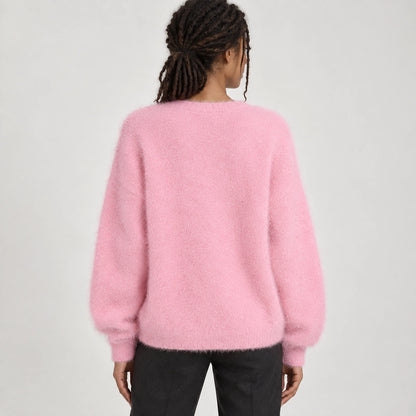 Halvern Fuzzy Knit Cardigan — Pink (apparel back)
