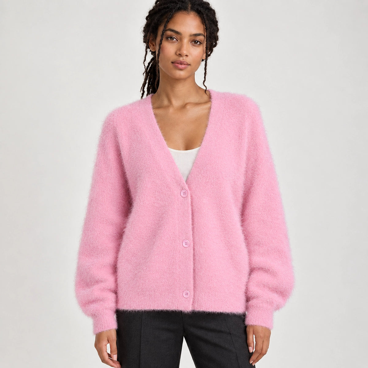 Halvern Fuzzy Knit Cardigan — Pink (apparel front)