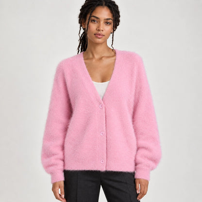 Halvern Fuzzy Knit Cardigan — Pink (apparel front)