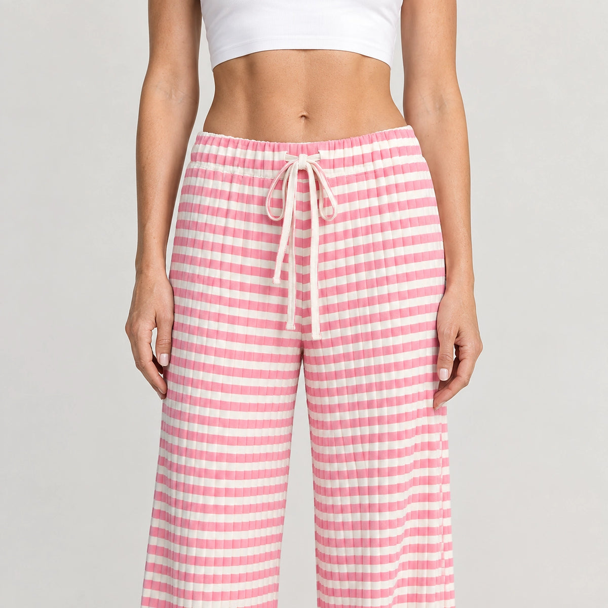 Delwyn Ribbed Drawstring Pants — Pink Stripe (apparel detail)