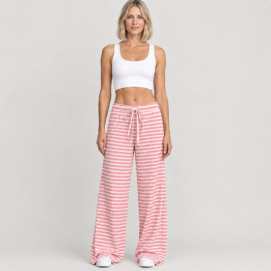Delwyn Ribbed Drawstring Pants — Pink Stripe (apparel front)
