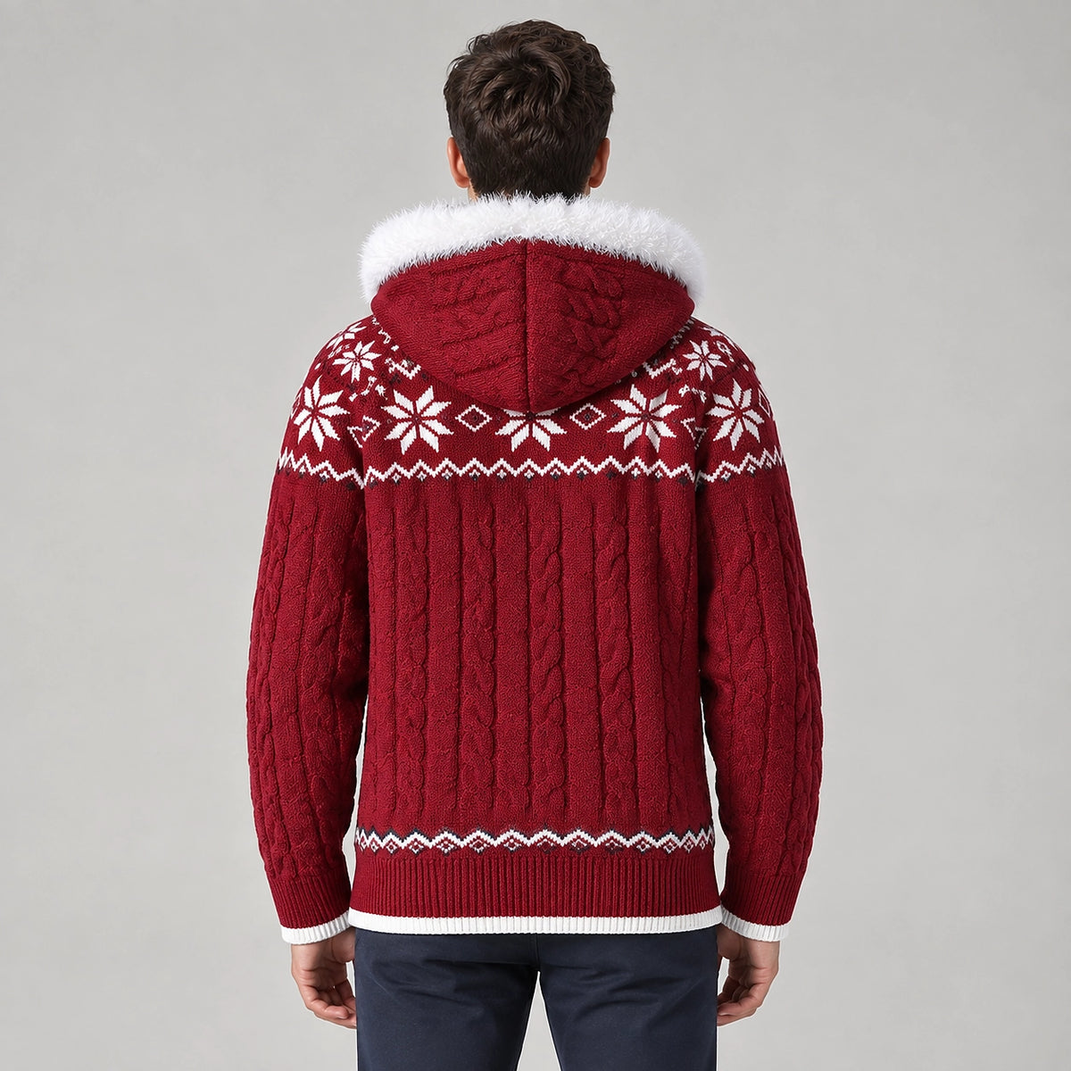 Halvern Cable-Knit Hooded Cardigan — Red (apparel back)