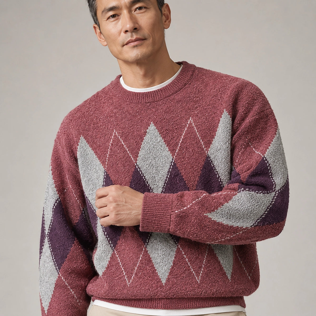 Halcourt Argyle Knit Sweater — Red (apparel detail)