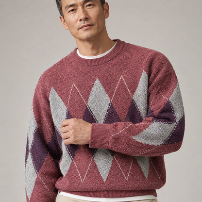 Halcourt Argyle Knit Sweater — Red (apparel detail)
