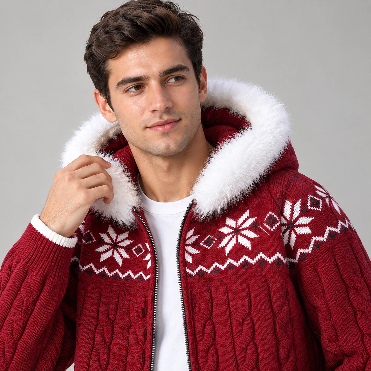 Halvern Cable-Knit Hooded Cardigan — Red (apparel detail)