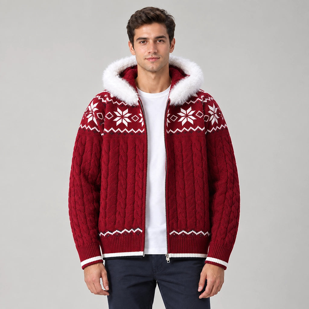 Halvern Cable-Knit Hooded Cardigan — Red (apparel front)