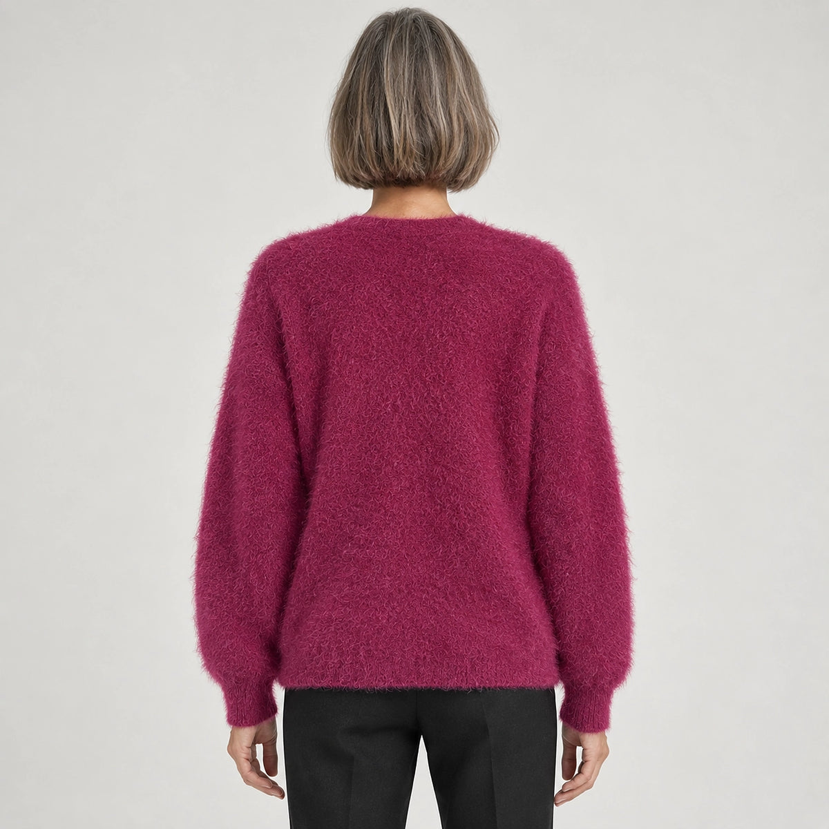 Halvern Fuzzy Knit Cardigan — Rose Red (apparel back)