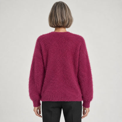 Halvern Fuzzy Knit Cardigan — Rose Red (apparel back)