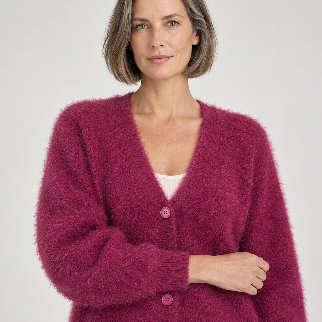 Halvern Fuzzy Knit Cardigan — Rose Red (apparel detail)