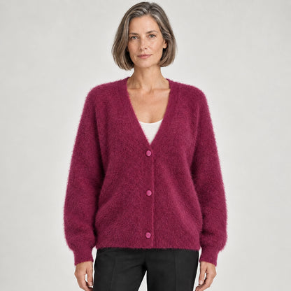 Halvern Fuzzy Knit Cardigan — Rose Red (apparel front)