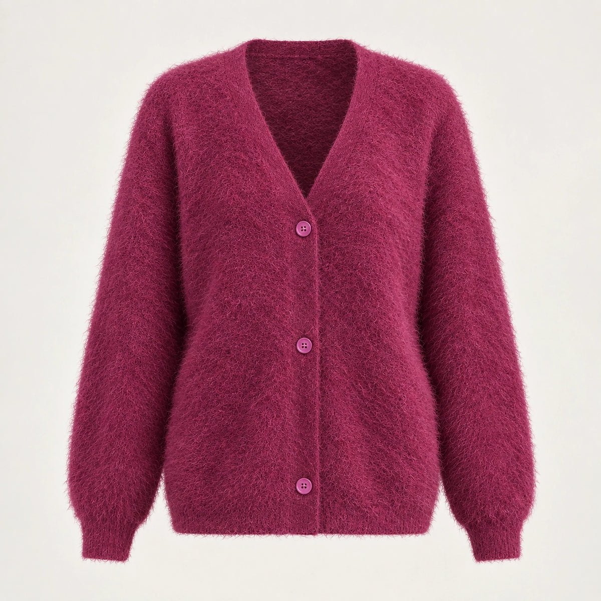 Halvern Fuzzy Knit Cardigan — Rose Red (apparel solo)