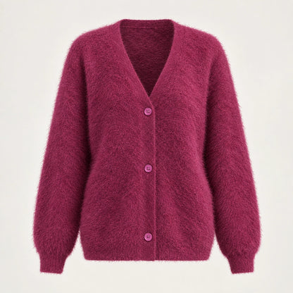 Halvern Fuzzy Knit Cardigan — Rose Red (apparel solo)
