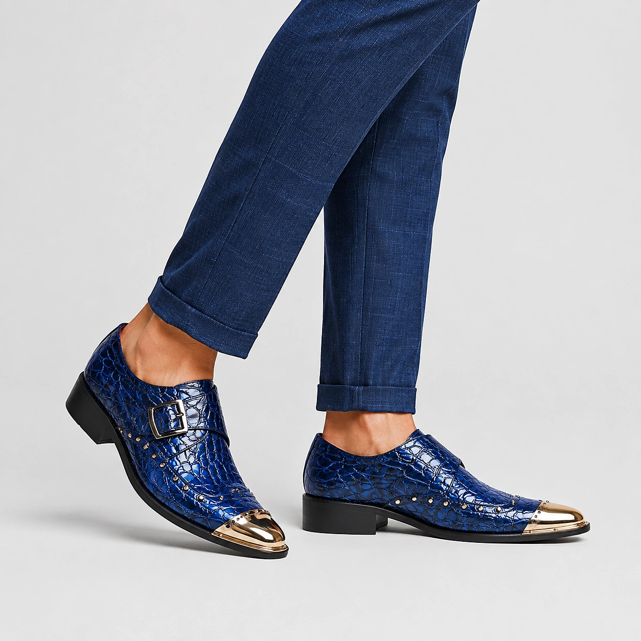 Brixton Leather Monk Strap Loafers — Royal Blue (studio with model)