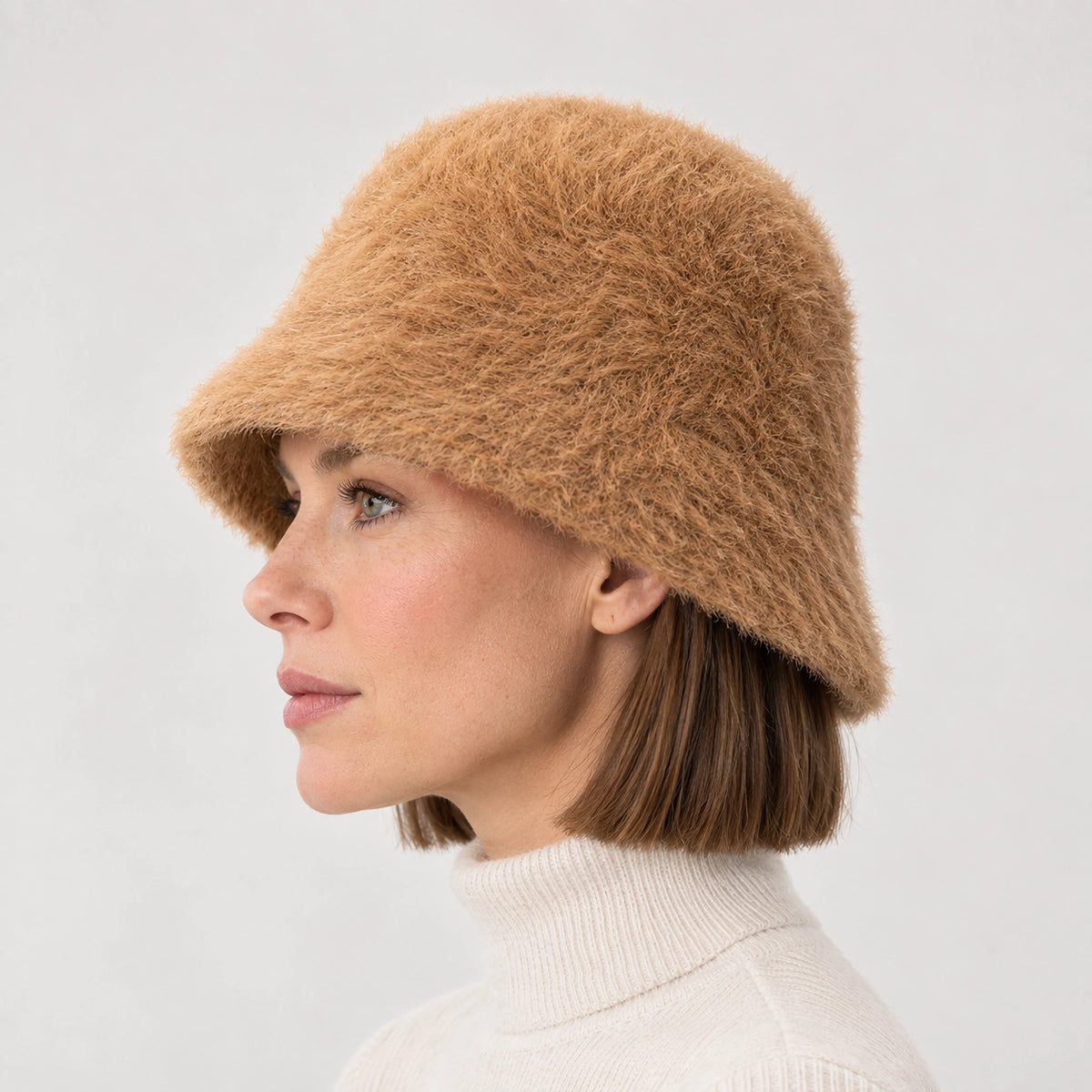 Beloria Rabbit Fur Bucket Hat — Short Rabbit Fur Basin Hat-camel (headwear model alt)