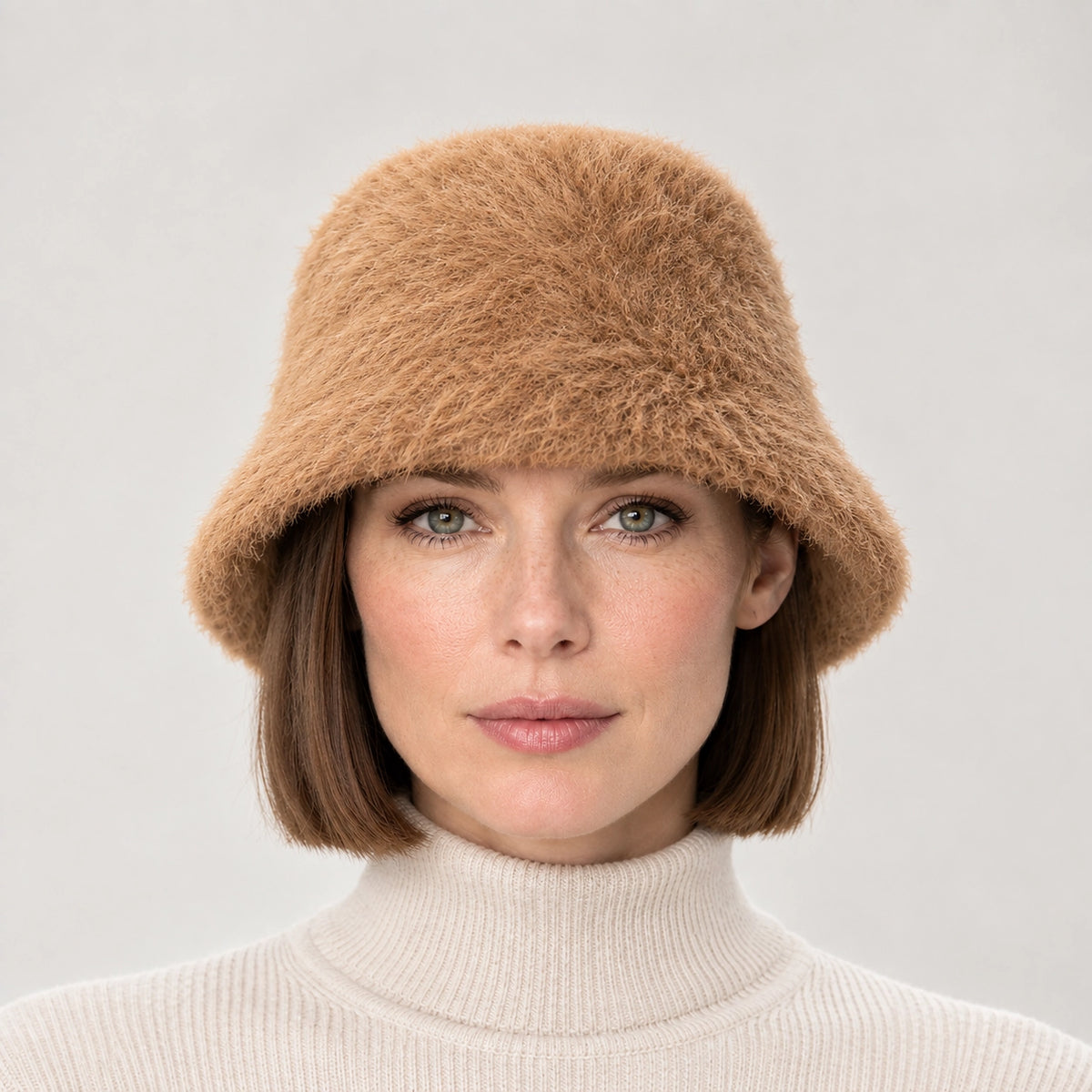 Beloria Rabbit Fur Bucket Hat — Short Rabbit Fur Basin Hat-camel (headwear model front)