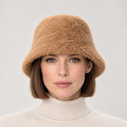 Beloria Rabbit Fur Bucket Hat — Short Rabbit Fur Basin Hat-camel (headwear model front)