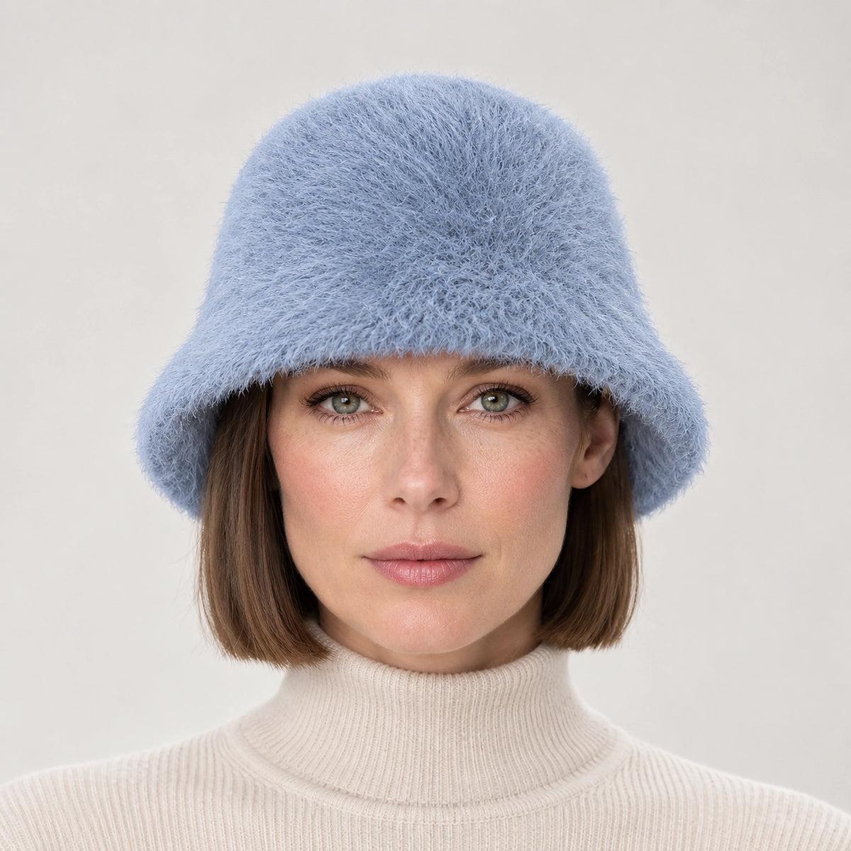 Beloria Rabbit Fur Bucket Hat — Short Rabbit Fur Basin Hat-light Blue (headwear model front)