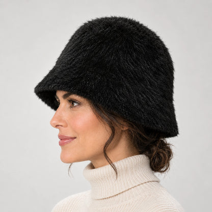 Beloria Rabbit Fur Bucket Hat — Short Rabbit Fur Bucket Hat - Black (headwear model alt)