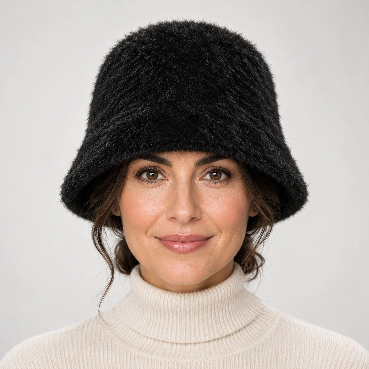 Beloria Rabbit Fur Bucket Hat — Short Rabbit Fur Bucket Hat - Black (headwear model front)