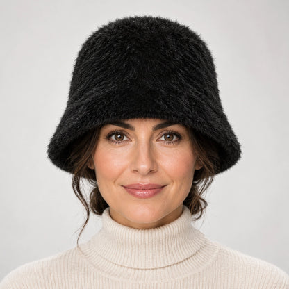 Beloria Rabbit Fur Bucket Hat — Short Rabbit Fur Bucket Hat - Black (headwear model front)