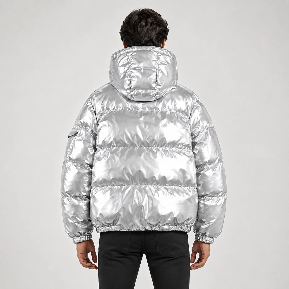 Byrne Glossy Puffer Jacket — Silver (apparel back)