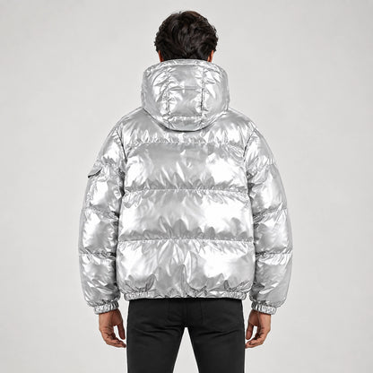 Byrne Glossy Puffer Jacket — Silver (apparel back)