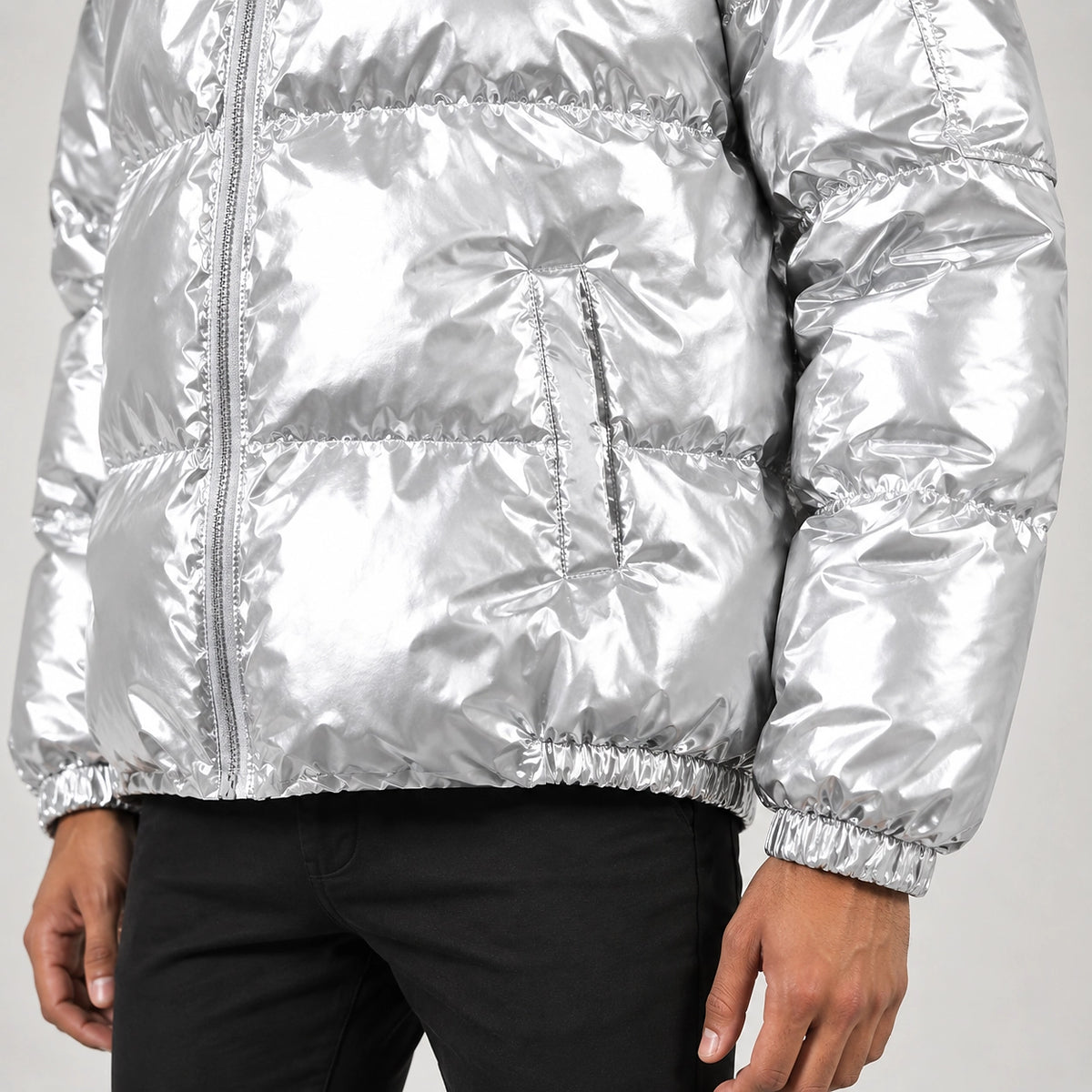 Byrne Glossy Puffer Jacket — Silver (apparel detail)