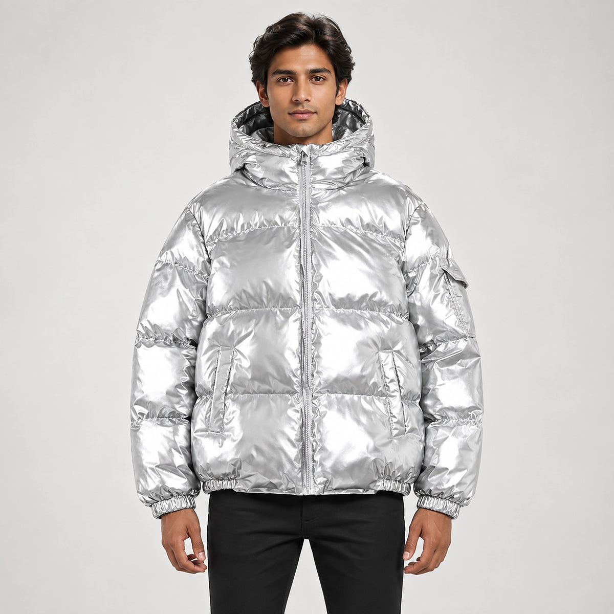 Byrne Glossy Puffer Jacket — Silver (apparel front)