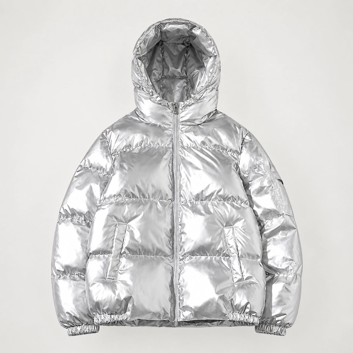 Byrne Glossy Puffer Jacket — Silver (apparel solo)