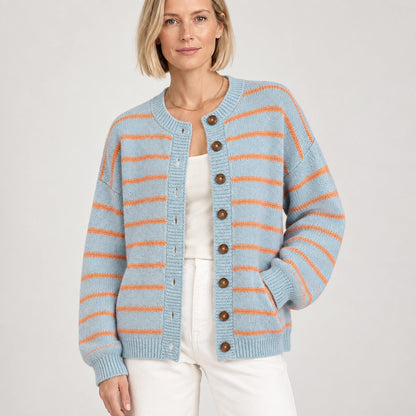 Halcourt Striped Knit Cardigan — Sky Blue (apparel detail)
