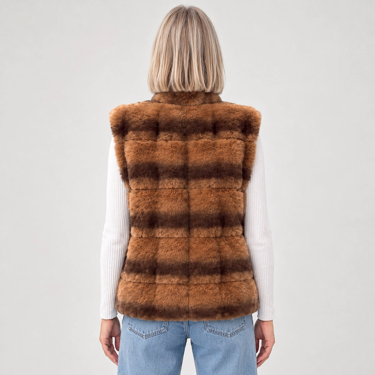 Belara Striped Faux Fur Vest — Tan (apparel back)