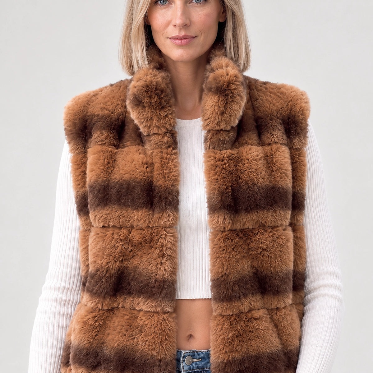 Belara Striped Faux Fur Vest — Tan (apparel detail)
