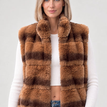 Belara Striped Faux Fur Vest — Tan (apparel detail)