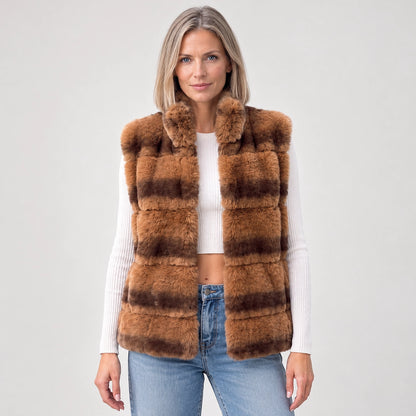Belara Striped Faux Fur Vest — Tan (apparel front)