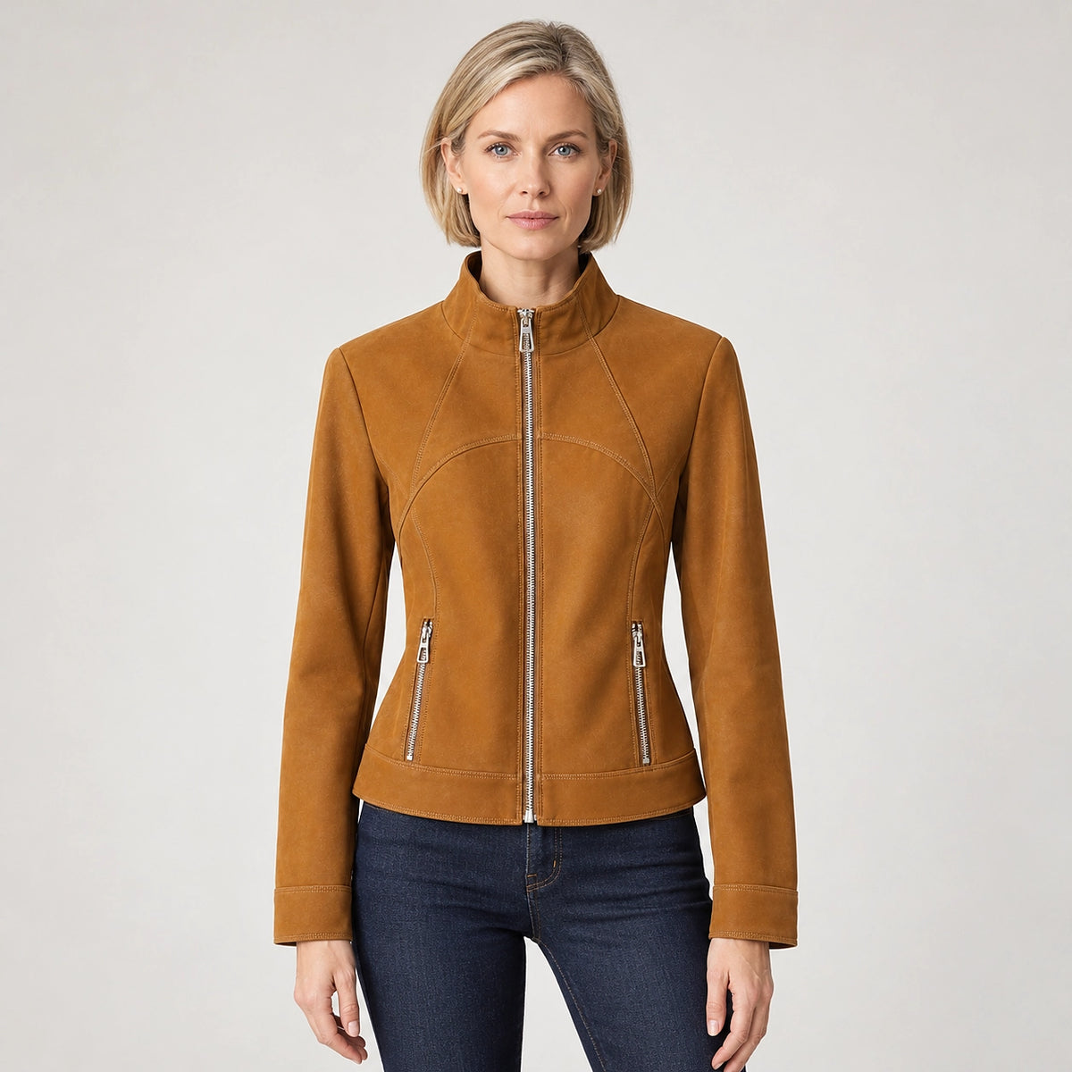 Belvara Sheepskin Leather Jacket — Tan (apparel front)